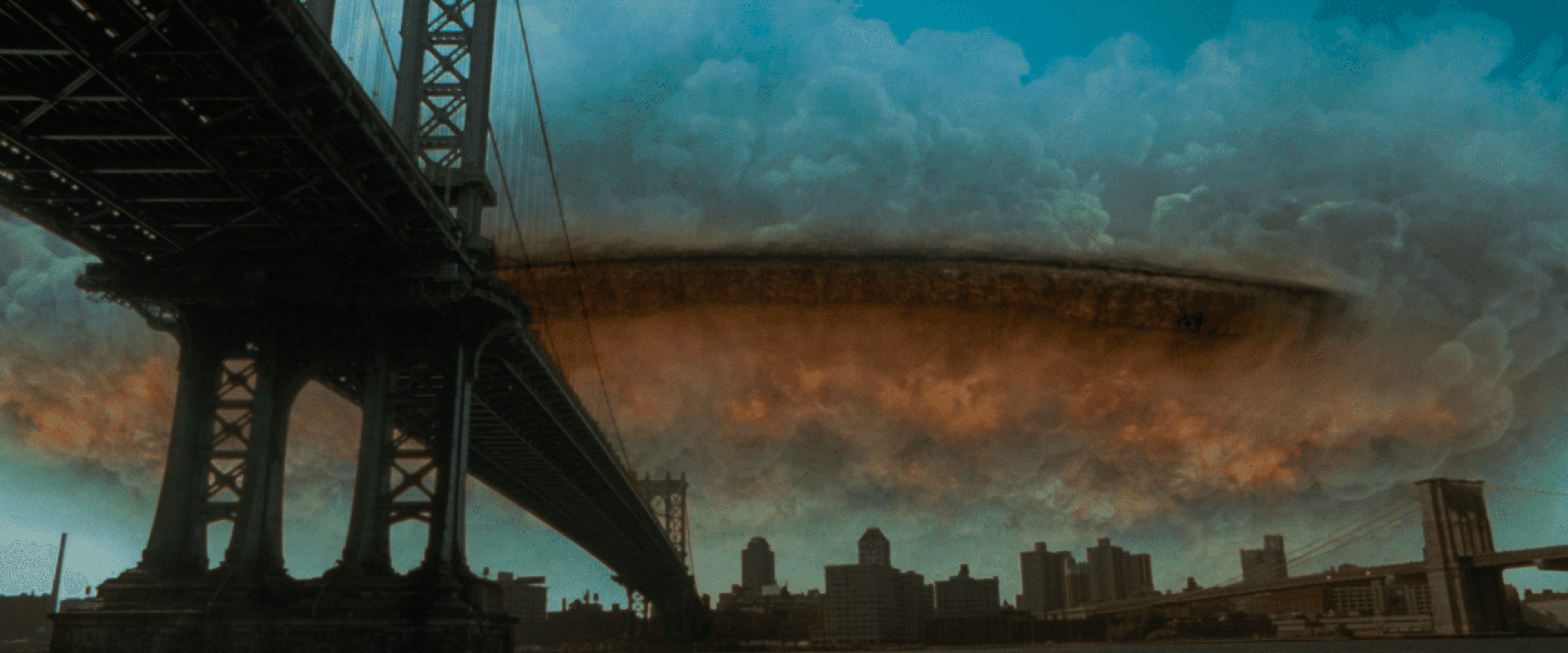 Still frame from &quot;Independence Day&quot; of a large alien ship breaking through the clouds in the sky.