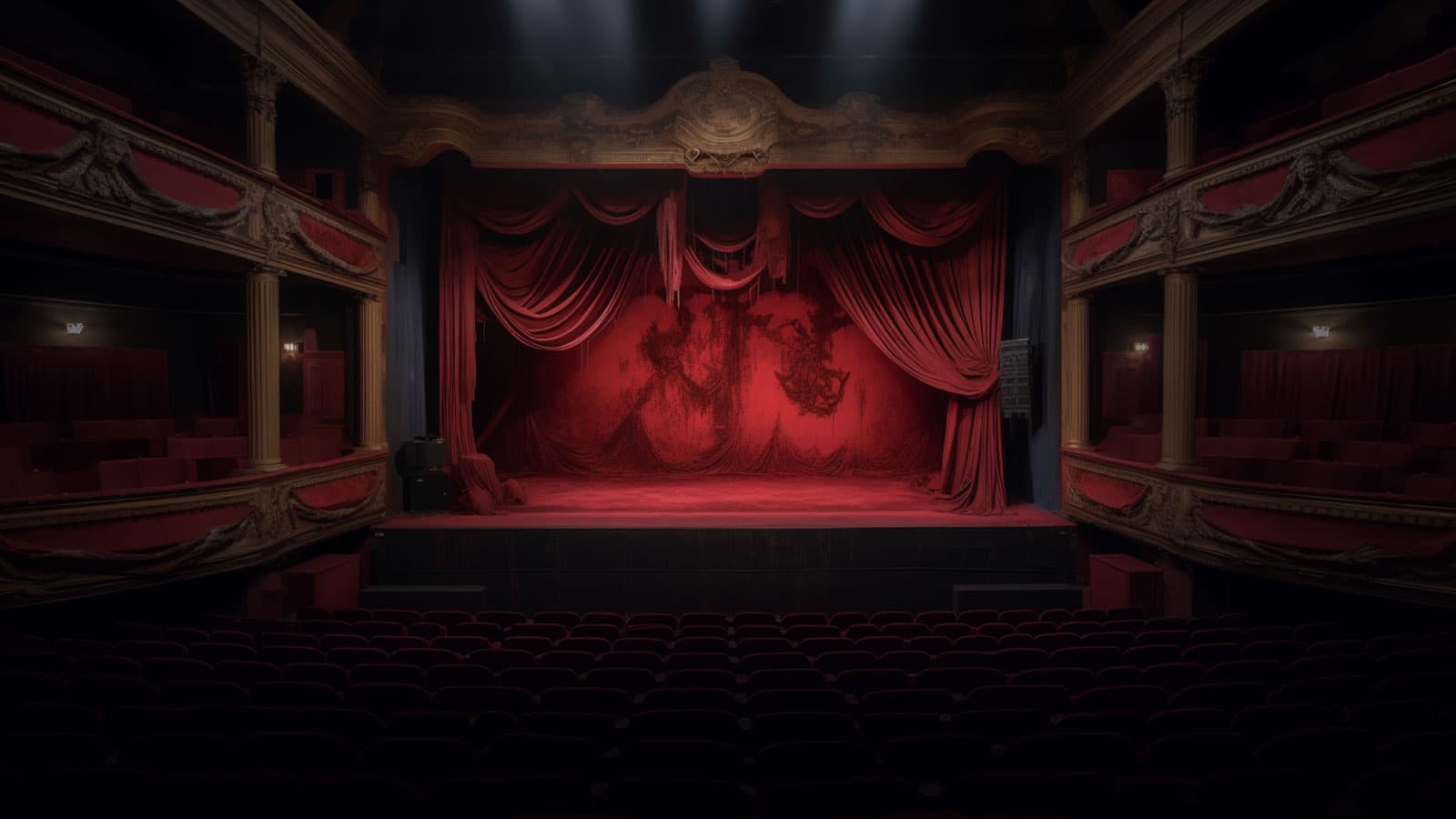 a victorian era theater drenched in fake blood