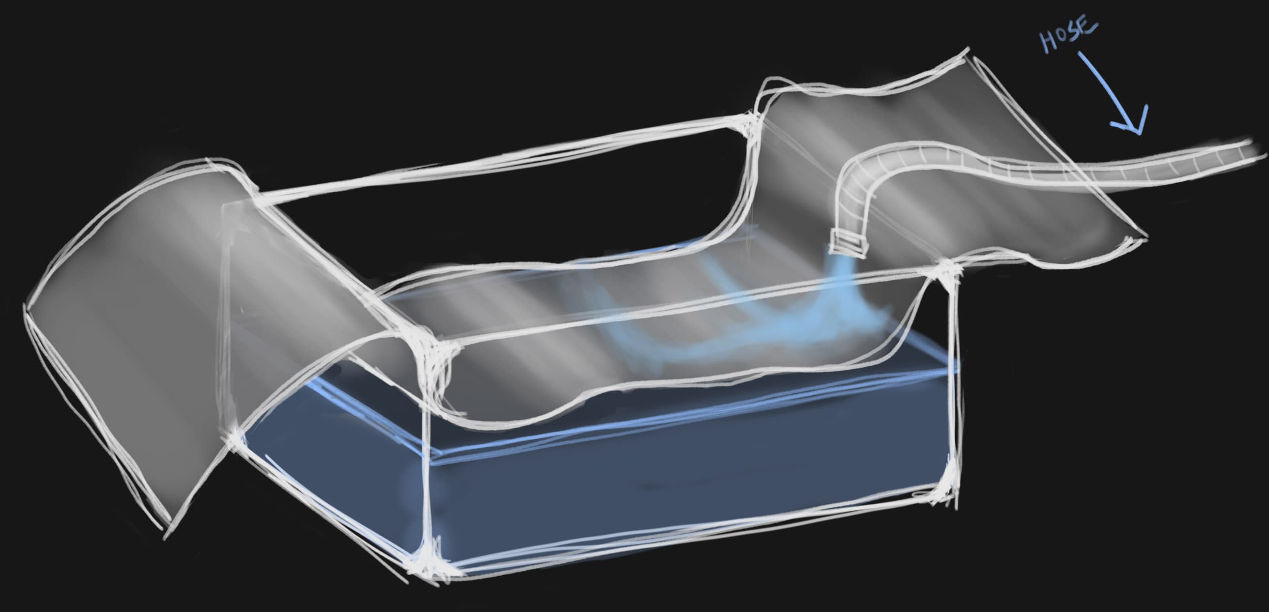 a drawing of an aquarium filled half way with water and a sheet of plastic draped over the top