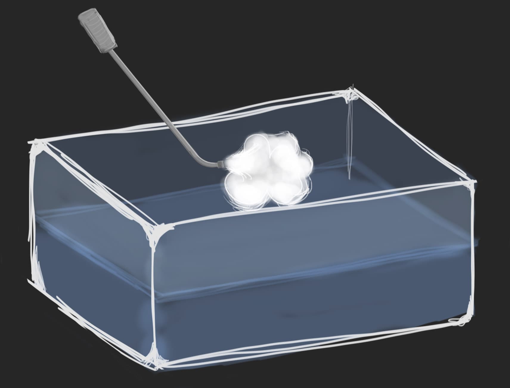 a drawing of an aquarium filled with water with white ink being injected